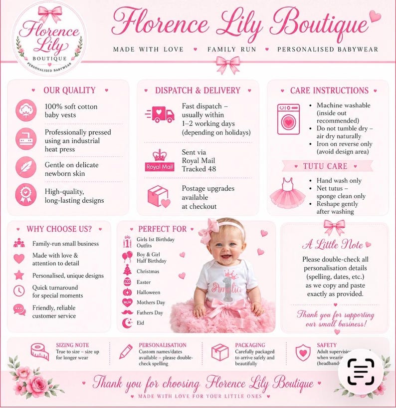 May include: An informational graphic for Florence Lily Boutique featuring pink and white text, icons, and a photograph of a baby wearing a white onesie with a pink crown and the name Amelia, paired with a pink tutu and a matching headband.