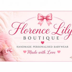 May include: A banner for Florence Lily Boutique featuring a baby in a white long-sleeve shirt with the name Aliyah, a pink tutu, and a bow headband. The text reads Florence Lily Boutique, Handmade Personalised Babywear, Made with Love.