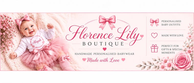 May include: A banner for Florence Lily Boutique featuring a baby in a white long-sleeve shirt with the name Aliyah, a pink tutu, and a bow headband. The text reads Florence Lily Boutique, Handmade Personalised Babywear, Made with Love.