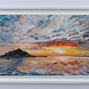 May include: A painting depicting a sunset over a body of water with a small island in the distance. The sky is a blend of pink, orange, and yellow, with clouds of white, grey, and purple. The water is a calm blue, reflecting the colours of the sky.