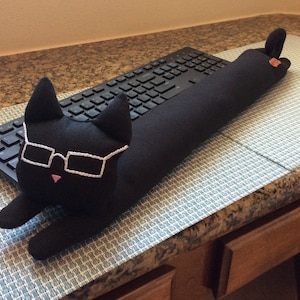 Large Black Cat w/white glasses cotton canvas fabric design keyboard wrist rest pad handmade w/love tag