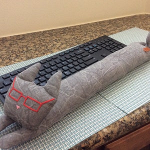 Large Dark Gray Cat with red glasses cotton canvas fabric design keyboard wrist rest pad handmade w/love tag