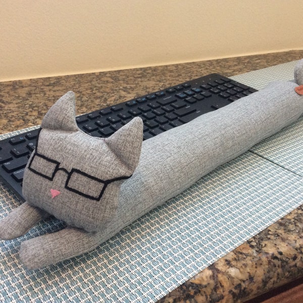 Large Cat with glasses "Light Gray" cotton canvas fabric design keyboard wrist rest pad handmade w/love tag