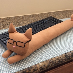 Large Cat with glasses &quot;Tan&quot; 100% suede fabric design keyboard wrist rest pad handmade w/love tag
