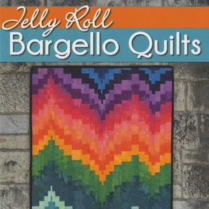 May include: A book cover with the title "Jelly Roll Bargello Quilts" by Karin Hellaby. The cover features a colorful quilt with a rainbow pattern.