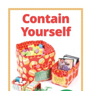 May include: A set of three fabric storage bins with red, white, and orange polka dots. The bins are labeled "Liam's Toys", "DVDs", and "Craftsy". The bins are filled with various items, including toys, DVDs, and craft supplies. The image includes the text "Contain Yourself" and "Includes coupon for $5 Add-On Video Tutorial".