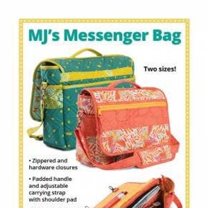 May include: Two sizes of a green and orange messenger bag with a zippered closure, padded handle, adjustable strap, and a pen holder on the flap. The bag has a roomy interior with a slip mesh pocket.  "MJ's Messenger Bag" and "by annie.com" are printed on the image.