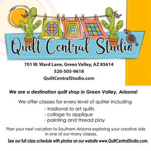 Op de afbeelding: Kleurrijke advertentie voor Quilt Central Studio, met de bedrijfsnaam in een speels lettertype. De afbeelding bevat illustraties van cactussen, quilts en een vogel. Adres, telefoonnummer en website worden ook weergegeven.