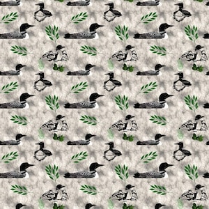 Pode incluir: Padrão repetitivo com imagens de mergulhões em preto e branco, folhas verdes e reflexos aquáticos sobre um fundo cinza claro texturizado. Os mergulhões são detalhados. As folhas são de um verde vibrante.