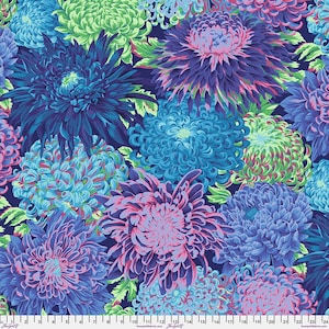 Kaffe Fassett Fabric, Quilting Cotton, Japanese Chrysanthemum - Blue || Classics, Half Yard or by the Yard, Cotton Fabric, FreeSpirit