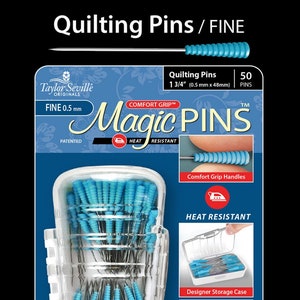 May include: A pack of 50 blue and silver quilting pins with a clear plastic storage case. The packaging features the text "Magic Pins" and "Comfort Grip" and a heat resistant icon. The pins are 1 3/4 inches long.