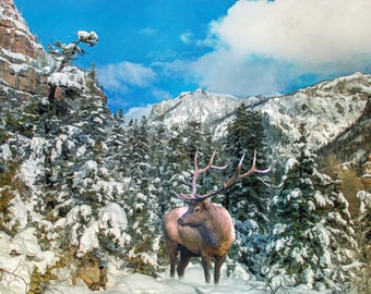 Pannello in tessuto con motivo "Alce maschio nelle montagne innevate" - ANW-010, dimensioni 24" x 16", cotone per trapuntatura di qualità