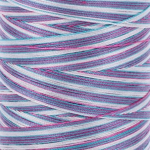 May include: Close-up of a spool of multi-colored thread. The thread is tightly wound, displaying a pattern of white, light blue, pink, and purple stripes. The thread appears to be made of a smooth, shiny material, suitable for various crafting projects.