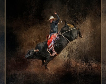 Bull Rider Stoffpanel, Quilt-Panel, hochwertiger Quilt-Baumwollstoff, Cowboy-Stoffpanel zum Quilten oder Nähen, Größe 50cm x 50cm, CBY-013