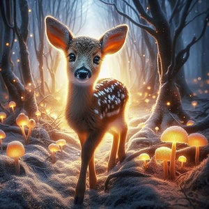 Pode incluir: Um pequeno veado marrom e branco manchado está em uma floresta escura com cogumelos brilhantes. O veado tem grandes olhos escuros e uma pelagem macia e fofa. A floresta é iluminada por uma luz quente e dourada.