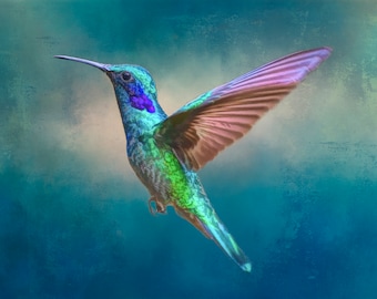 May include: A vibrant green and blue hummingbird with iridescent wings in flight against a blue and green watercolor background.