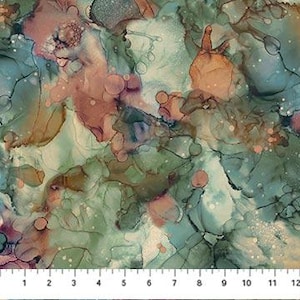 May include: Abstract art print with swirling patterns in shades of green, blue, brown, and white.