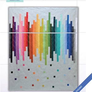 May include: A quilt pattern called "Skyline Reflected" featuring a colorful, geometric design with a rainbow color scheme. The pattern is a strip-friendly design and includes twin and queen sizes.