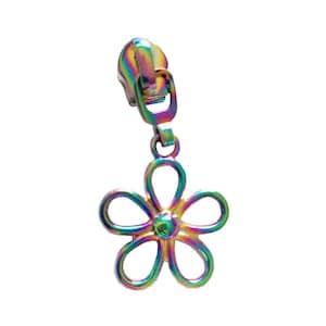 May include: A rainbow iridescent zipper pull with a flower charm. The flower is made of metal and has five petals.