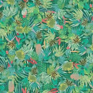 May include: A vibrant, seamless pattern featuring a variety of cacti and succulents in shades of green, teal, and touches of red and orange. The design showcases different shapes and sizes of desert plants, creating a lush, botanical print.