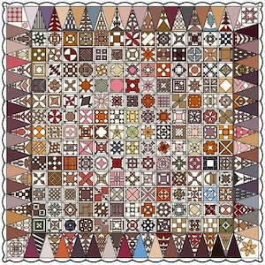 May include: A colorful patchwork quilt with a variety of geometric patterns in squares and triangles. The quilt features a scalloped edge and a wide range of colors, including brown, pink, and blue. The quilt is a handmade item.