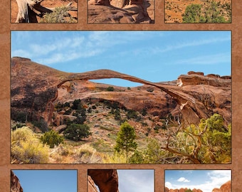 Pode incluir: Uma colagem de nove imagens que mostram vários arcos naturais de arenito no Parque Nacional Arches, Utah. As imagens apresentam diferentes perspectivas dos arcos, incluindo close-ups, tomadas amplas e vistas de baixo. Os arcos são de vários tamanhos e formas, e a paisagem circundante é uma mistura de rocha vermelha, vegetação desértica e céu azul.
