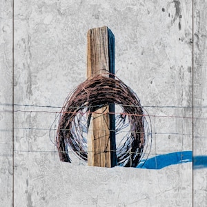 May include: A coil of barbed wire wrapped around a wooden post against a textured, gray background.