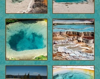 Pode incluir: Uma colagem de seis imagens mostrando diferentes fontes termais no Parque Nacional de Yellowstone. As imagens apresentam vários tons de água azul e verde, cercadas por formações rochosas brancas, amarelas e marrons.