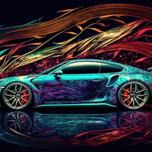 Pode incluir: Um carro desportivo azul-turquesa com um design abstrato colorido, sobre um fundo de linhas vermelhas, laranja e amarelas que giram.