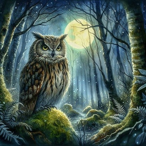 May include: A large brown and grey owl with yellow eyes sits on a mossy rock in a dark forest. The moon shines brightly in the night sky, casting a soft glow on the trees and the owl.