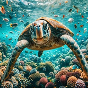May include: An underwater scene featuring a sea turtle swimming towards the viewer. The turtle has a patterned shell and flippers, surrounded by colorful fish and coral. The water is a clear turquoise color.