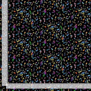 May include: Black fabric covered in a vibrant pattern of musical notes, treble clefs, and other musical symbols in a rainbow of colors. The musical notes are scattered across the fabric, creating a lively and artistic design. The fabric is suitable for various craft projects.