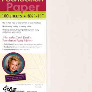 May include: Carol Doak's Foundation Paper package with 100 sheets, measuring 8.5" x 11". The packaging features a red and pink design with product details and a photo of Carol Doak. The paper is designed for inkjet and laser printers.