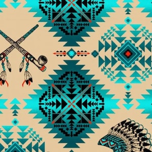 Tissu sud-ouest, coton matelassé, esprit autochtone, couverture autochtone - turquoise, gros quartiers, demi-mètre ou par mètre, Elizabeth&#39;s Studio