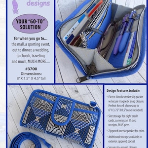 May include: A blue and white patterned wallet with a zippered closure and a detachable shoulder strap. The wallet has a fleece-lined exterior slip pocket, a zippered interior pocket for coins, and a slot for eight credit cards, currency, an ID slot, and pens. The wallet measures 8 inches by 1.5 inches by 4.5 inches.