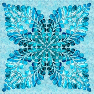 Pode incluir: Um design abstrato simétrico com um motivo floral central e quatro formas radiantes em forma de pétala. O design utiliza tons de azul e azul-turquesa, com um efeito marmorizado, sobre um fundo azul claro texturizado.
