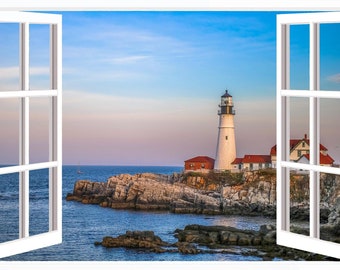 Lighthouse Through the Window Fabric Panel, OCE-038, Panel Size is 28” X 18.5”, Quality Quilting Cotton