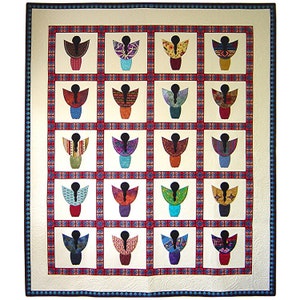 May include: A quilt with a white background and a red, blue, and white border. The quilt is made up of 24 squares, each containing a silhouette of a person with colorful wings. The wings are made of different fabrics and patterns.