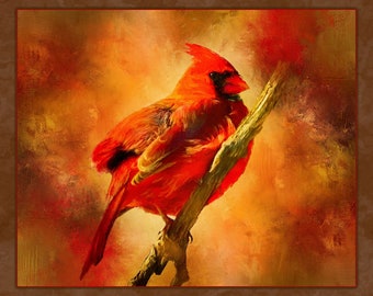 Red and Gold Cardinal Fabric Panel, Quilt Panel, Quality Quilting Cotton Fabric, Bird Fabric to Quilt or Sew, Size 23"Wx18.25"L, BRB-016