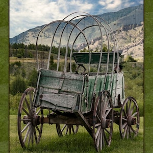 Panneau en tissu Old West Wagon - FAR-013, la taille du panneau est de 12,75 po. X 15,125 po. Coton à matelasser de qualité
