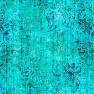 Puede incluir: Un patrón floral turquesa y turquesa con una apariencia desgastada y texturizada. El diseño presenta flores y hojas estilizadas, creando una estética vintage o rústica. El fondo tiene un veteado similar a la madera.