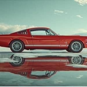 Könnte beinhalten: Ein klassischer roter Ford Mustang Cabriolet mit einem weißen Rennstreifen, geparkt auf einem ausgetrockneten See mit einer Spiegelung im Wasser.