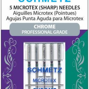 Puede incluir: Un paquete de 5 agujas de coser Microtex cromadas, etiquetadas "SCHMETZ" y "CHROME" con los tamaños 130/705 H-M y 70/10.