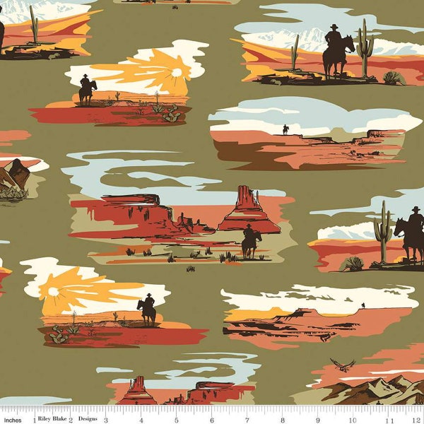 La collezione Go West con John Wayne - Riley Blake Designs. Presenta scene di paesaggi occidentali con la sagoma di John Wayne a cavallo