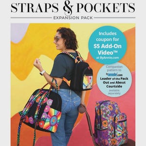 May include: Image of a woman holding a black backpack and a matching tote bag, both with colorful floral and geometric designs. The image also shows a purple floral backpack. Text on the image reads "BACKPACK STRAPS & POCKETS" and "QUILTING ELISSA".