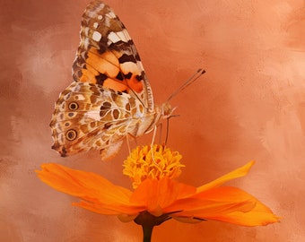 Pannello in tessuto falena su fiore arancione - BRM -008, la dimensione del pannello è 20" X 20", cotone trapuntato di qualità