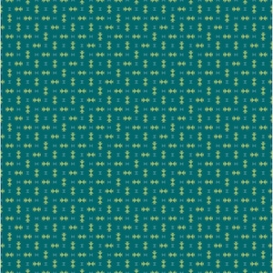 May include: Teal-colored fabric with a repeating pattern of small, stylized arrow-like shapes in shades of green and yellow. The design is evenly spaced, creating a textured appearance. This pattern is suitable for various textile applications.