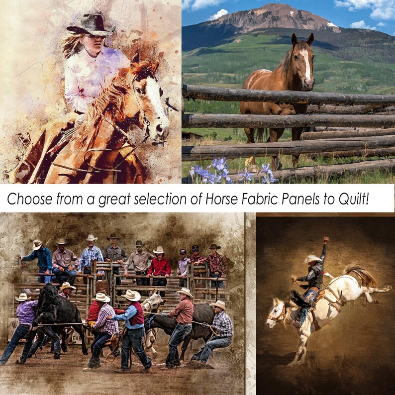 Puede incluir: Un collage de im&aacute;genes con caballos y vaqueros. Una imagen muestra un jinete a caballo, otra un caballo detr&aacute;s de una valla, y dos m&aacute;s representan escenas de rodeo. Se incluye el texto "Choose from a great selection of Horse Fabric Panels to Quilt!"
