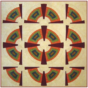 May include: A quilt with a geometric pattern of red, green, orange, and blue. The quilt is made up of nine squares, each with a different design. The center square has a circular design with four spokes.