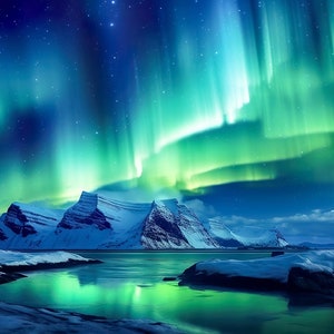 Pode incluir: Uma aurora boreal verde vibrante, também conhecida como Luzes do Norte, ilumina o céu noturno sobre uma paisagem coberta de neve. A aurora se reflete em um corpo de água tranquilo em primeiro plano.